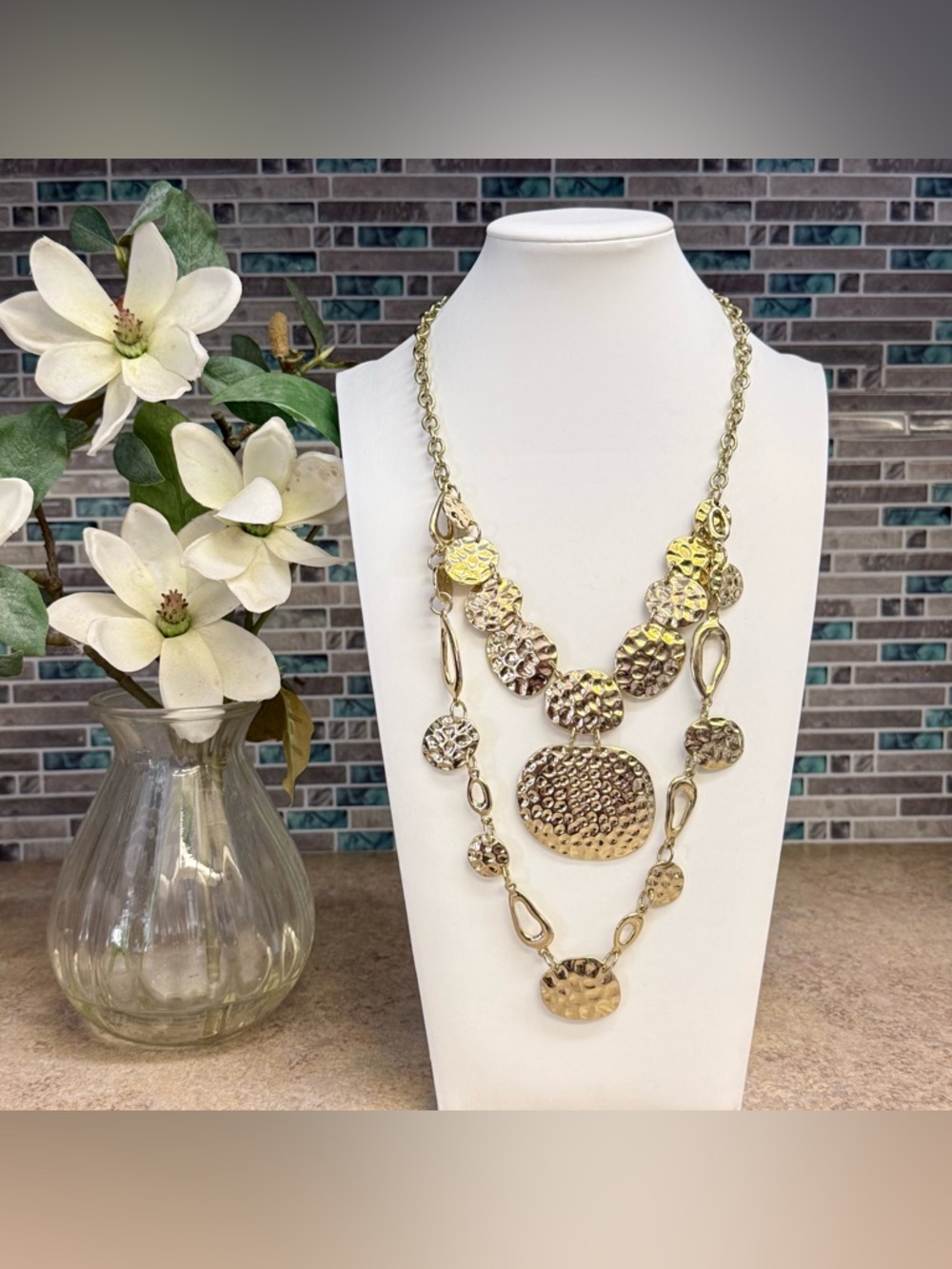 Chunky gold tone hammered disc statement necklace